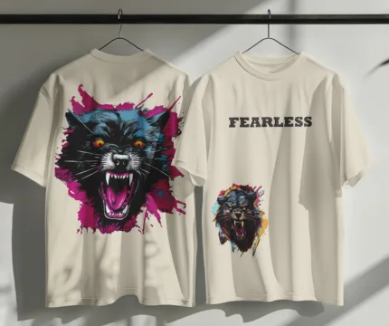 Oversized combed Terry cotton t-shirt back & front print with Wolf Fearless.